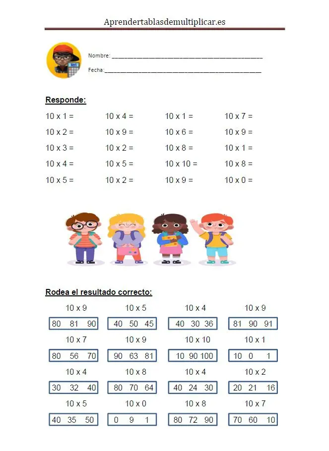 Imprimir tablas de multiplicar del 10 en PDF