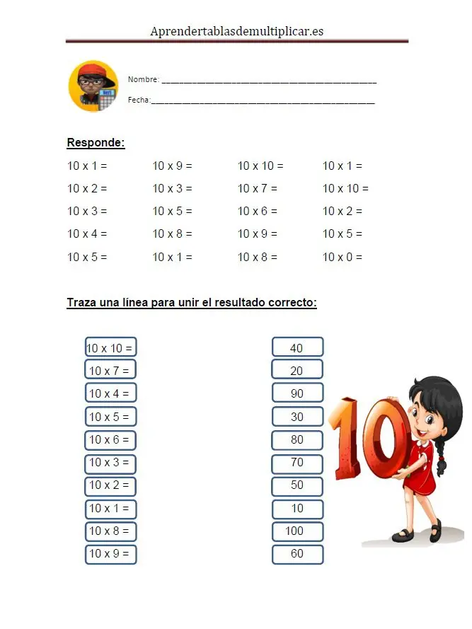 Imprimir tablas de multiplicar del 10 en PDF