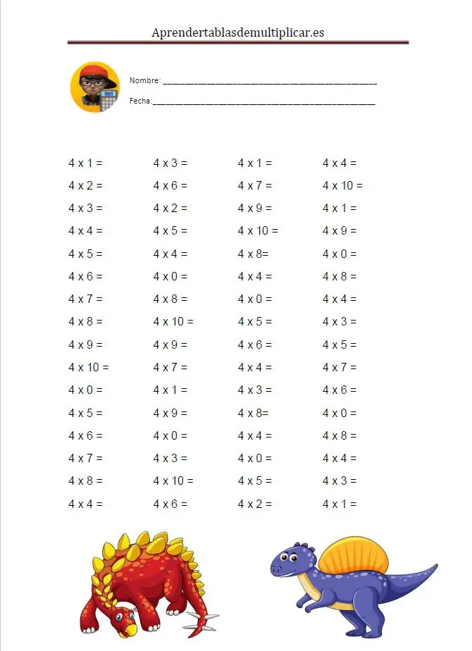 Imprimir tabla de multiplicar del 4 en PDF