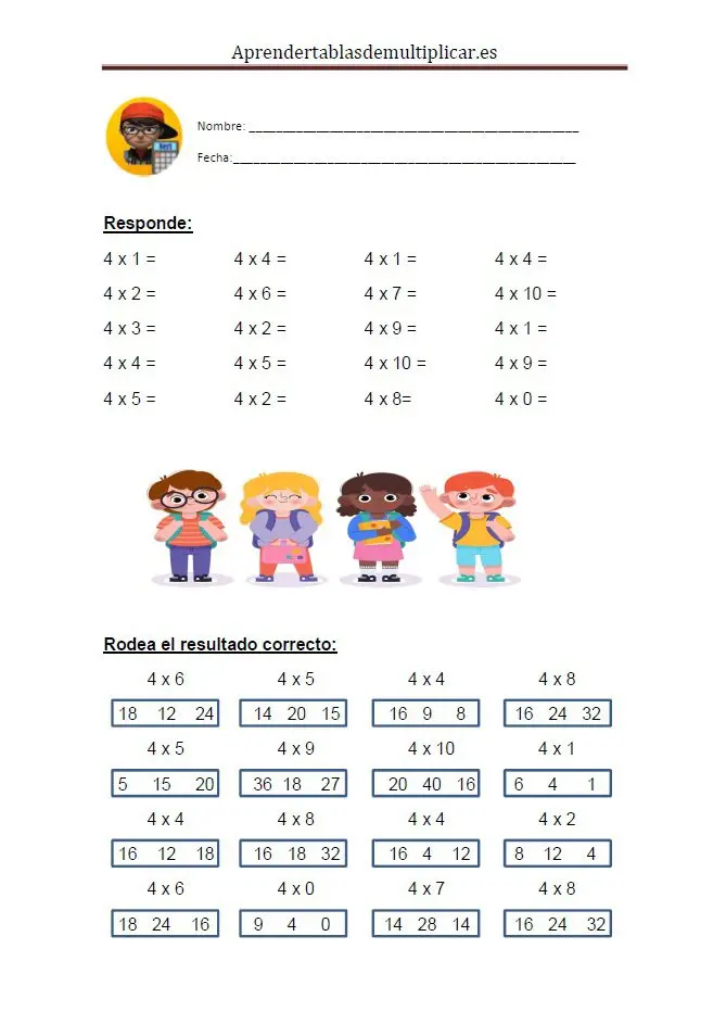 Imprimir tablas de multiplicar del 4 en PDF