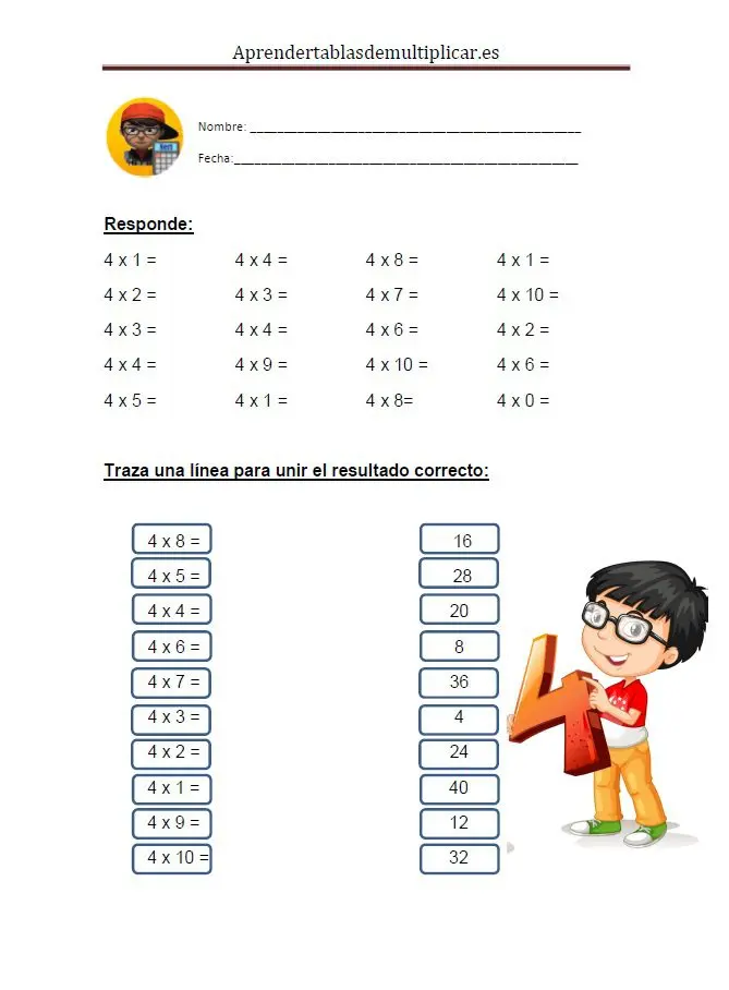 Imprimir tablas de multiplicar del 4 en PDF