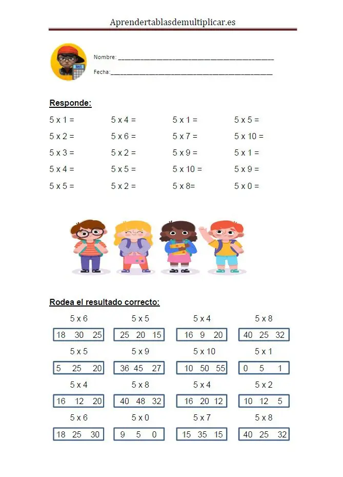 Imprimir tablas de multiplicar del 5 en PDF