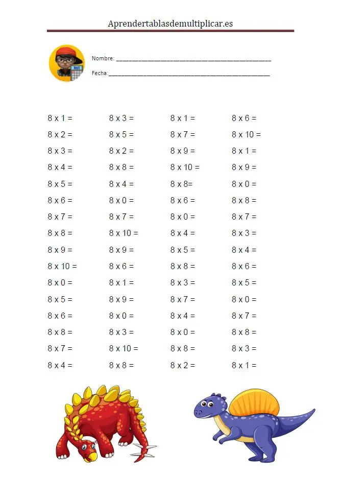Imprimir tablas de multiplicar del 8