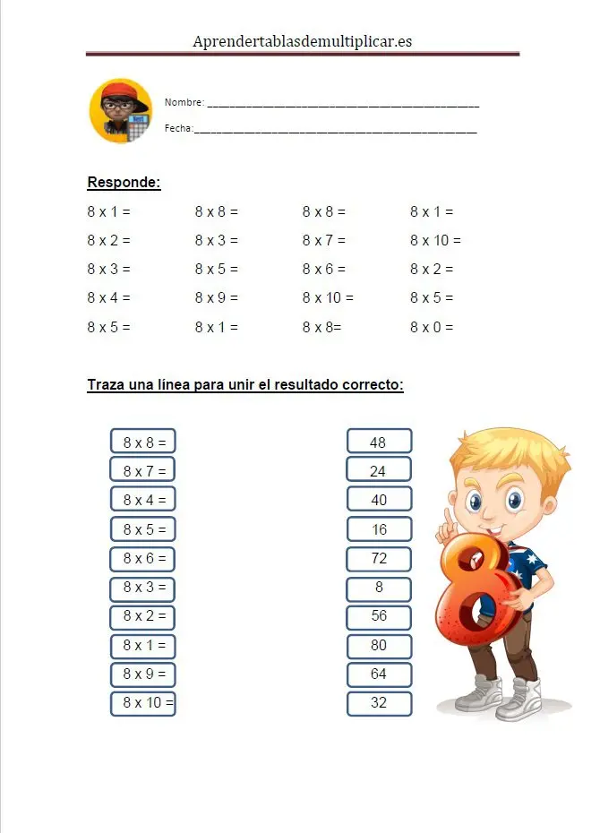 Imprimir tablas de multiplicar del 8 en PDF