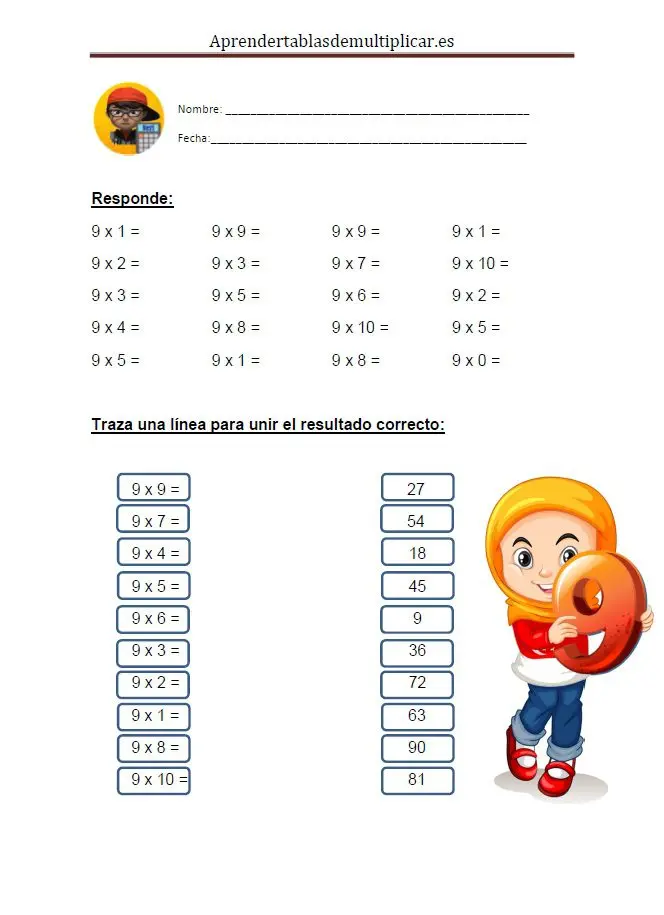 Imprimir tablas de multiplicar del 9 en PDF